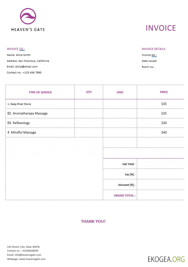 Modèle de facture de massage gratuit